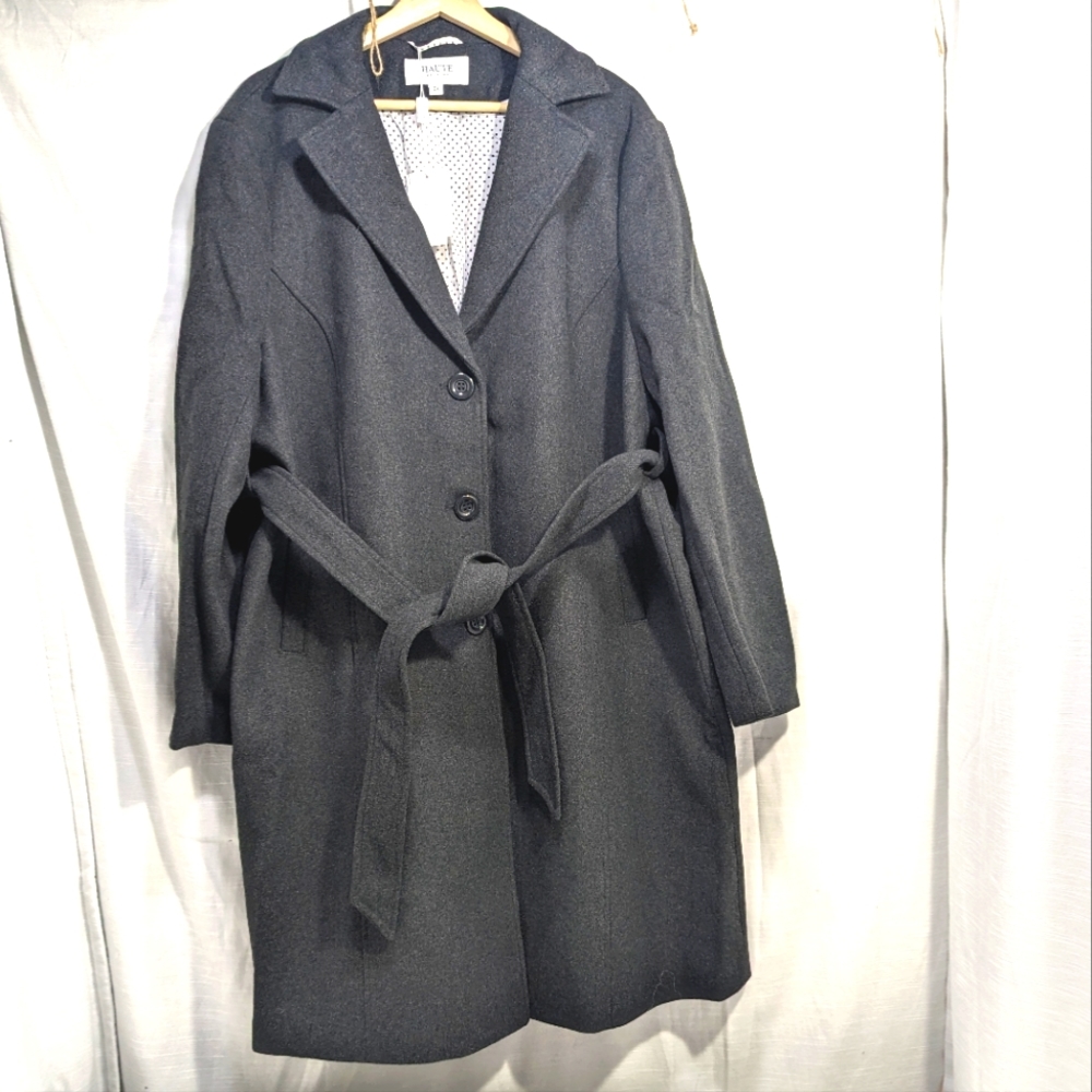 Haute Edition Plus Size Charcoal Gray Wool Blend Belted Single Breasted Pea Coat